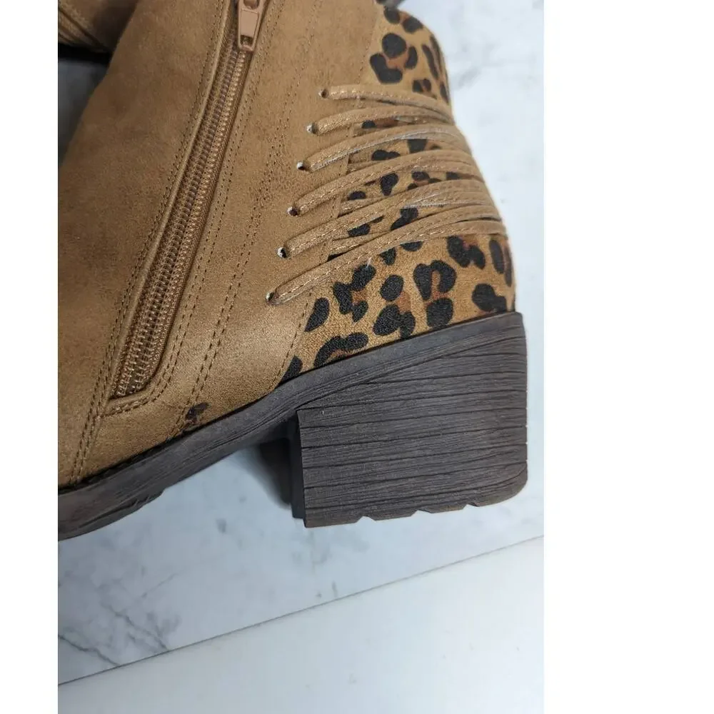 Volatile brown laces details leopard print casual booties size 9
